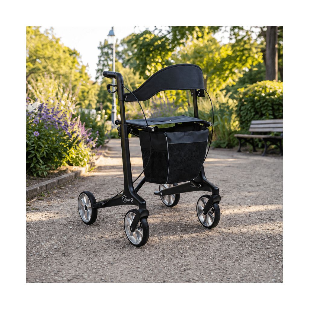 BLACK Kulfiberrollator 5,3 kg | Komplett tillbehör | Mjuka hjul