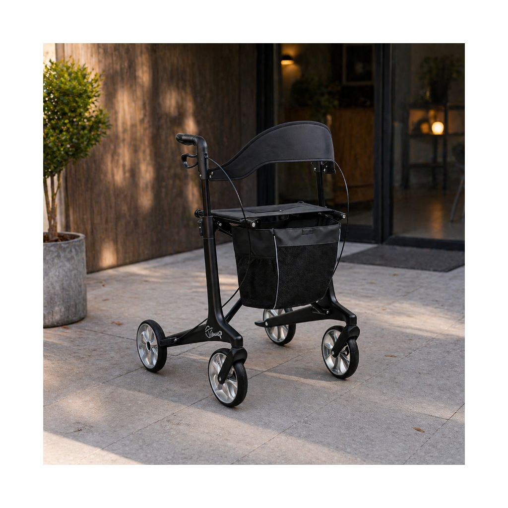 BLACK Kulfiberrollator 5,3 kg | Komplett tillbehör | Mjuka hjul