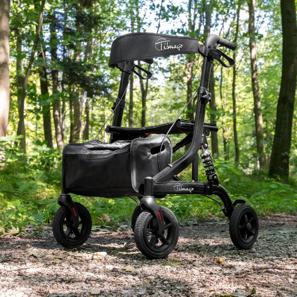 Lättviktsrollator med luftfyllda hjul och stötdämpare